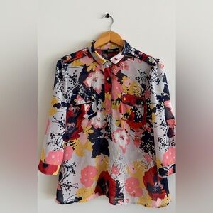 ANA Women Blouse Petite L Floral Button Front Sheer Boho Top casual chic